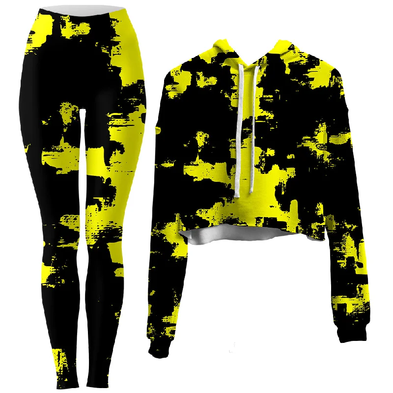 Black and Yellow Abstract Crop Hoodie and Leggings Combo Trendy High-Waist Tummy Control Leggings