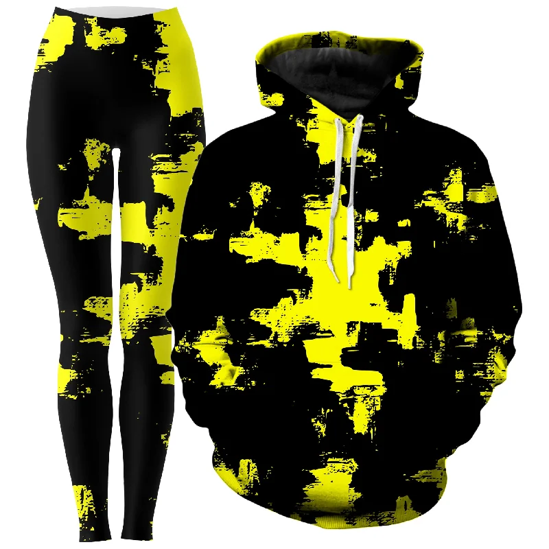 Black and Yellow Abstract Hoodie and Leggings Combo Cozy Textured Workout Leggings