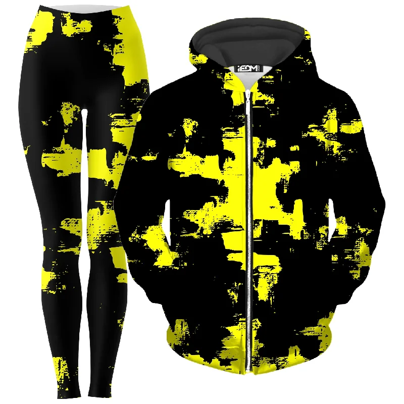 Black and Yellow Abstract Zip-Up Hoodie and Leggings Combo Elegant Casual Fit Leggings Black and Yellow Abstract Zip-Up Hoodie and Leggings Combo Elegant Casual Fit Leggings