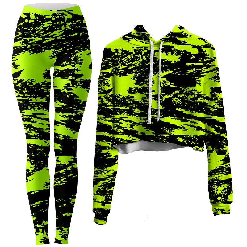 Black Lime Bolt Glitch Crop Hoodie and Leggings Combo Comfortable Ribbed Waistband Leggings Black Lime Bolt Glitch Crop Hoodie and Leggings Combo Comfortable Ribbed Waistband Leggings