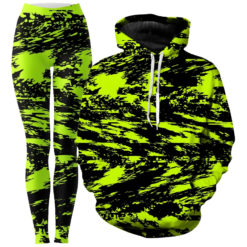 Black Lime Bolt Glitch Hoodie and Leggings Combo Fashionable Quick-Dry Yoga Pants
