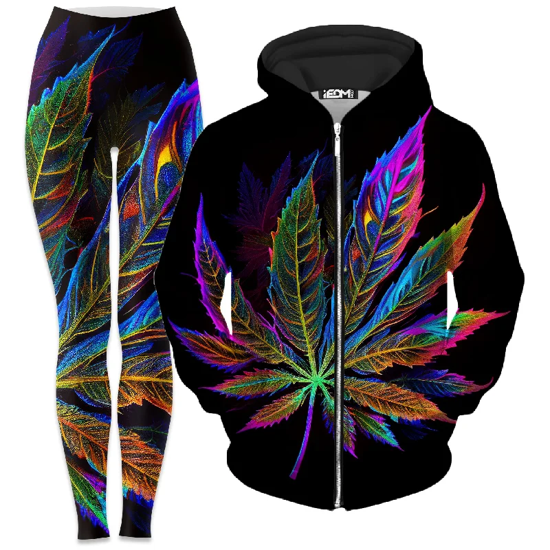 Blacklight Weed Zip-Up Hoodie and Leggings Combo Stylish Capri Leggings