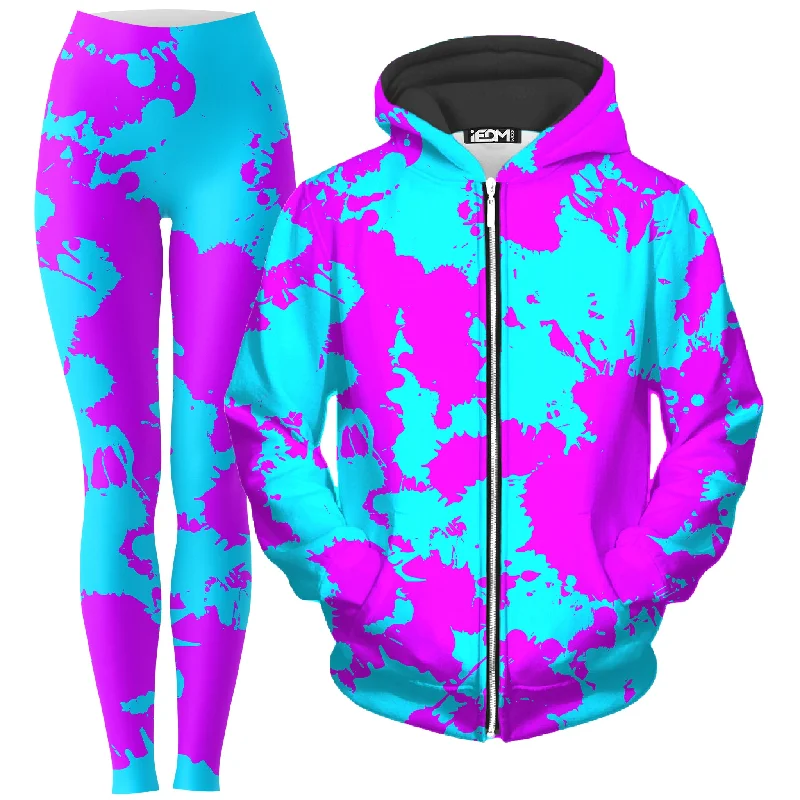 Blue and Purple Paint Splatter Zip-Up Hoodie and Leggings Combo Cozy Mid-Rise Workout Leggings Blue and Purple Paint Splatter Zip-Up Hoodie and Leggings Combo Cozy Mid-Rise Workout Leggings