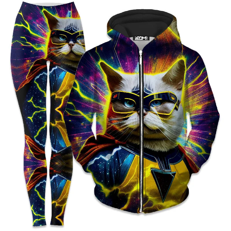 Cat Hero Zip-Up Hoodie and Leggings Combo Fashionable Sports Compression Leggings