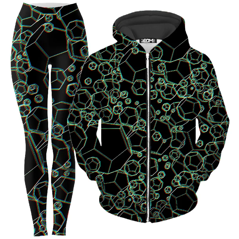 Dodecahedron Madness Glitch Zip-Up Hoodie and Leggings Combo Cozy Yoga Compression Leggings