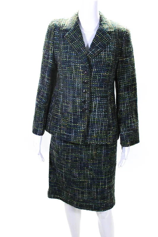 Feraud Womens Five Button Notched Lapel Tweed Skirt Suit Green lace skirt elegant