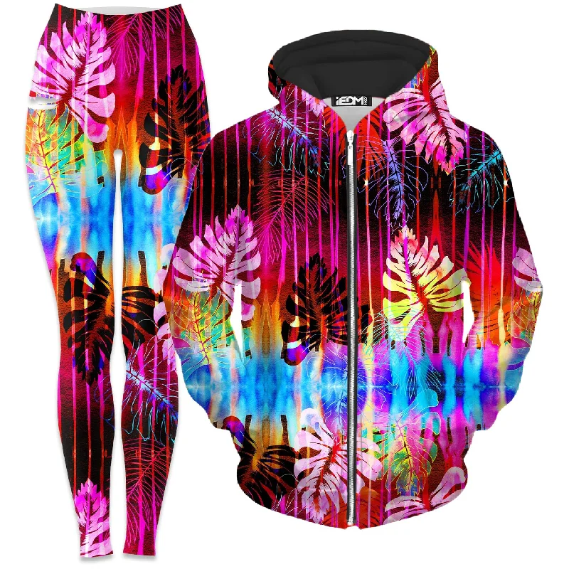 Fluorescent Jungle Zip-Up Hoodie and Leggings Combo Chic Velvet Soft Leggings