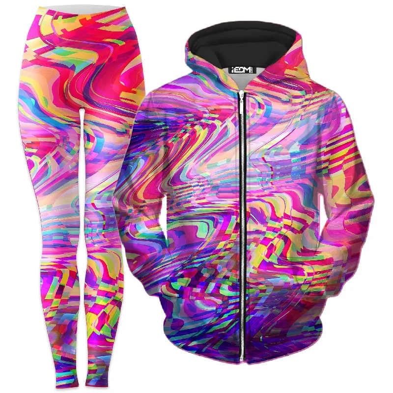 Glitch Waves Zip-Up Hoodie and Leggings Combo Casual Black Leggings