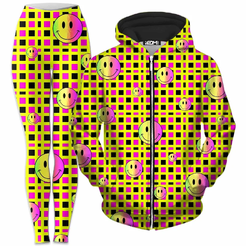 Happy Plaid Zip-Up Hoodie and Leggings Combo Comfortable Ribbed Sports Leggings