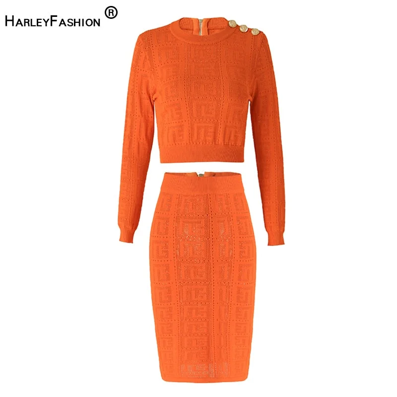 HarleyFashion Women Bodycon Orange Skirt Set Stretchy Knitting See-through Short Tops Sheath Two Piece Sets Ladies chiffon skirt lightweight