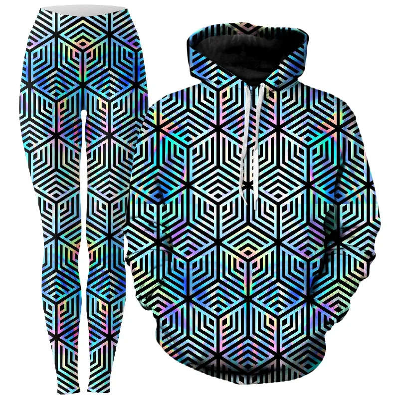 Holographic Hexagon Hoodie and Leggings Combo Fashionable Floral Active Leggings