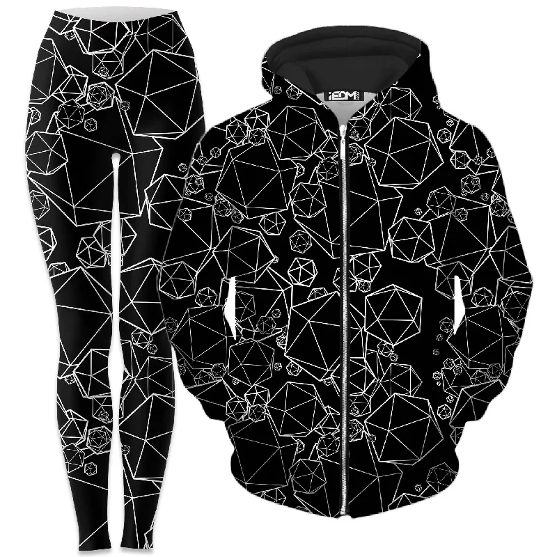 Icosahedron Madness Black Zip-Up Hoodie and Leggings Combo Fashionable Embroidered Detail Leggings