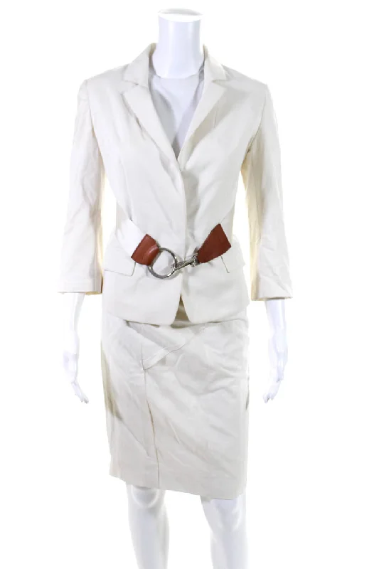 KaufmanFranco Womens Hook Front Notched Lapel Skirt Suit White Cotton linen skirt relaxed