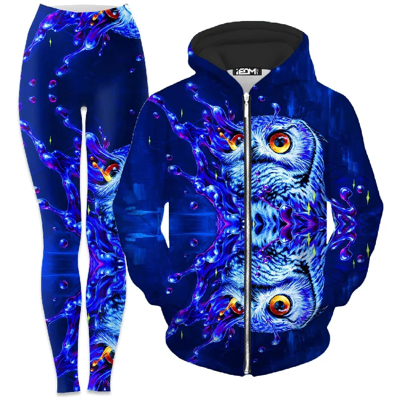 Lucid Owl Zip-Up Hoodie and Leggings Combo Trendy Foil Finish Leggings
