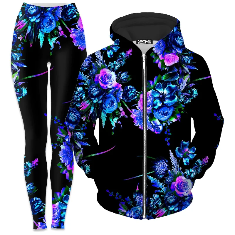 Midnight Garden Zip-Up Hoodie and Leggings Combo Elegant Shiny Black Leggings