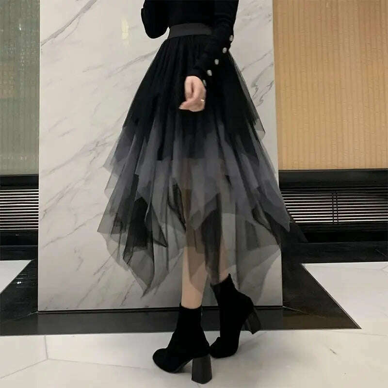 MOONBIFFY 2023 New Spring Summer Women Gradient Irregular Mesh Skirt High Waist Patchwork Skirts Party Petticoat Casual Clothing denim skirt fashionable