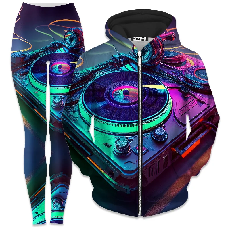 Neon Turntables Zip-Up Hoodie and Leggings Combo Chic Smooth Fit Leggings