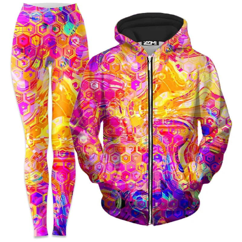 Ornate Drip Zip-Up Hoodie and Leggings Combo Comfortable Yoga Tights Leggings