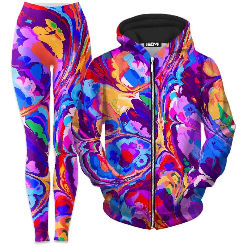 Overflow Zip-Up Hoodie and Leggings Combo Fashionable Printed Legging Pants