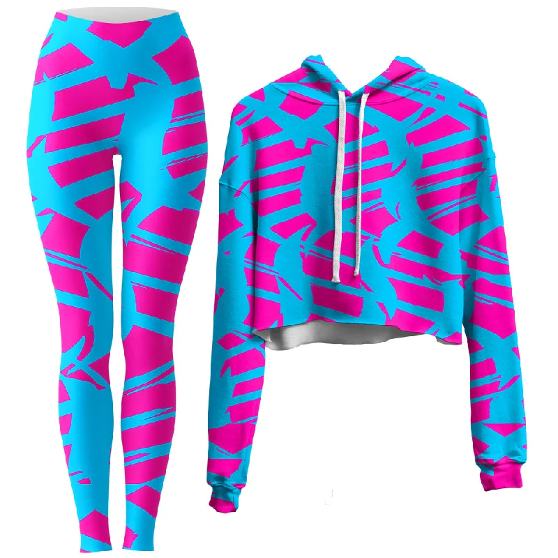 Pink and Blue Squiggly Rave Checkered Crop Hoodie and Leggings Combo Chic Printed Yoga Pants Pink and Blue Squiggly Rave Checkered Crop Hoodie and Leggings Combo Chic Printed Yoga Pants