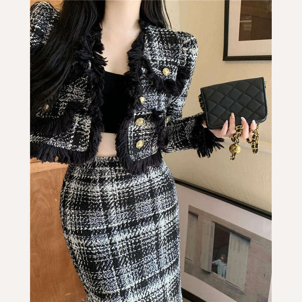 Plaid Celebrity Style New Suit Women Fashion Elegant Long-sleeved Short Coat High Waist Hip Wrap Long Skirt Two-piece Set Winter silk skirt lustrous