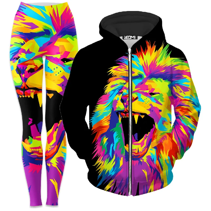 Psychedelic Lion Zip-Up Hoodie and Leggings Combo Fashionable Quick-Dry Leggings
