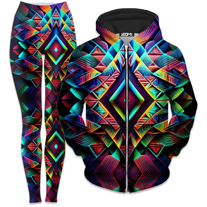 Psychedelic Tribal Zip-Up Hoodie and Leggings Combo Elegant Textured Leggings