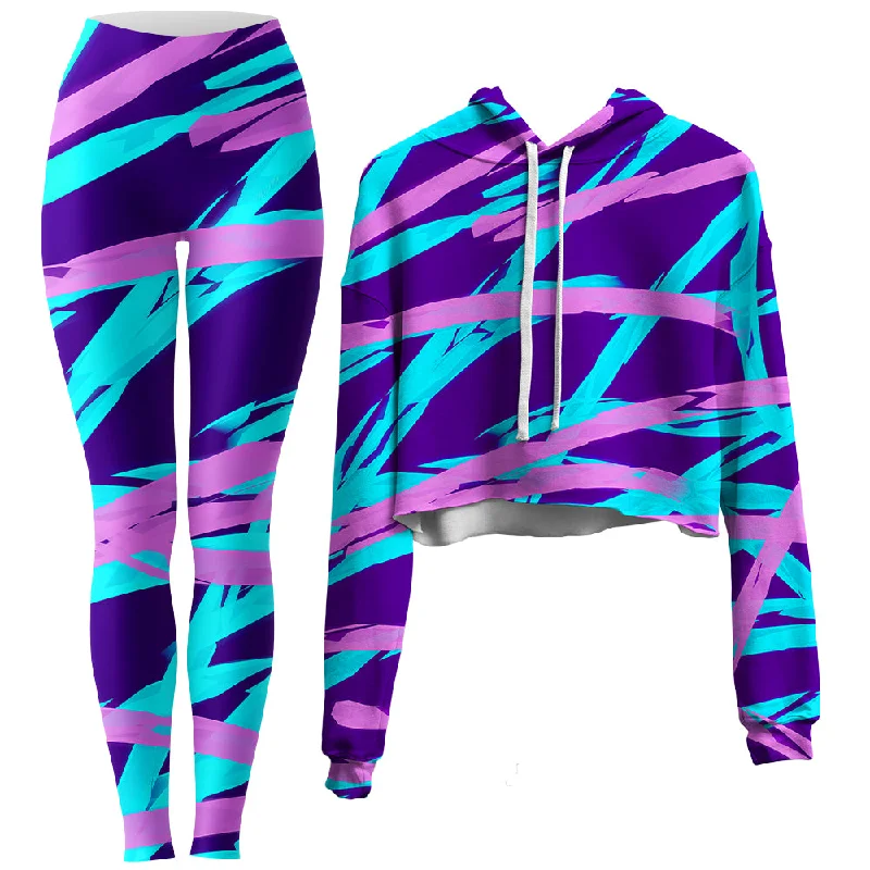 Purple and Blue Rave Abstract Crop Hoodie and Leggings Combo Trendy Adjustable Waist Leggings Purple and Blue Rave Abstract Crop Hoodie and Leggings Combo Trendy Adjustable Waist Leggings
