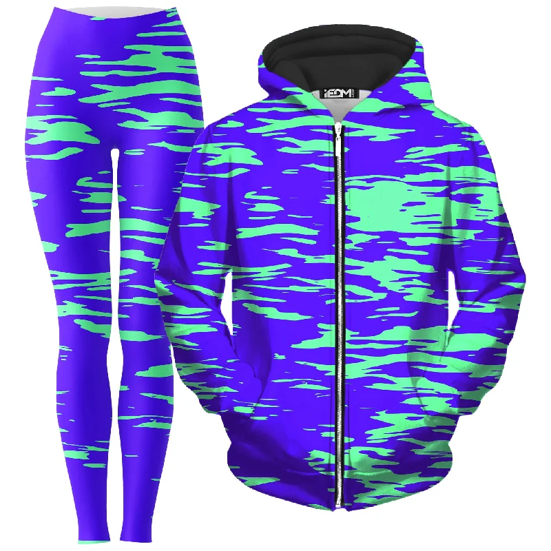 Purple Mint Rave Zebra Stripe Zip-Up Hoodie and Leggings Combo Trendy Cut-Out Activewear Leggings