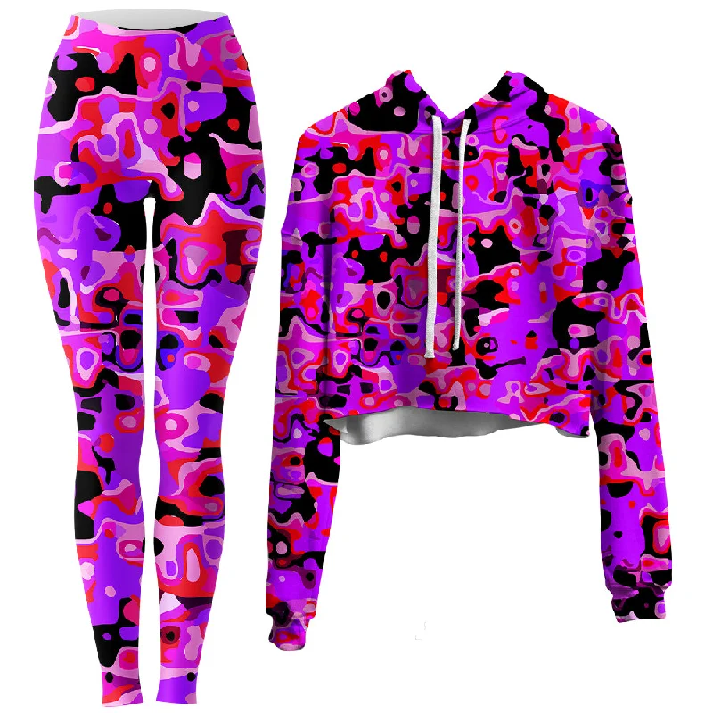 Purple Red and Black Rave Camo Melt Crop Hoodie and Leggings Combo Stylish Sweatproof Leggings Purple Red and Black Rave Camo Melt Crop Hoodie and Leggings Combo Stylish Sweatproof Leggings
