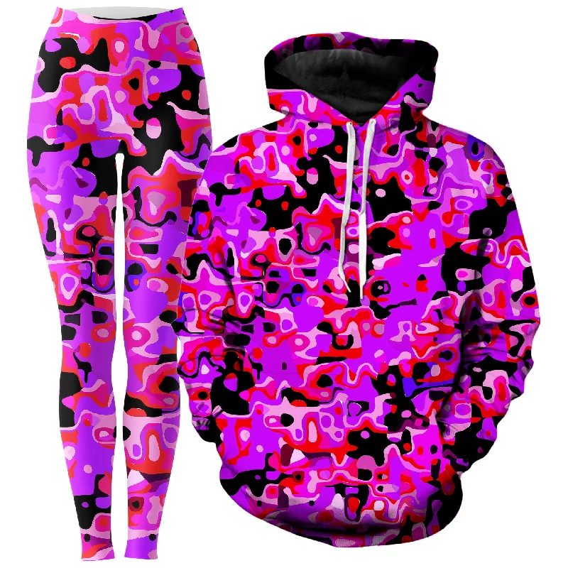 Purple Red and Black Rave Camo Melt Hoodie and Leggings Combo Fashionable Minimal Active Leggings Purple Red and Black Rave Camo Melt Hoodie and Leggings Combo Fashionable Minimal Active Leggings
