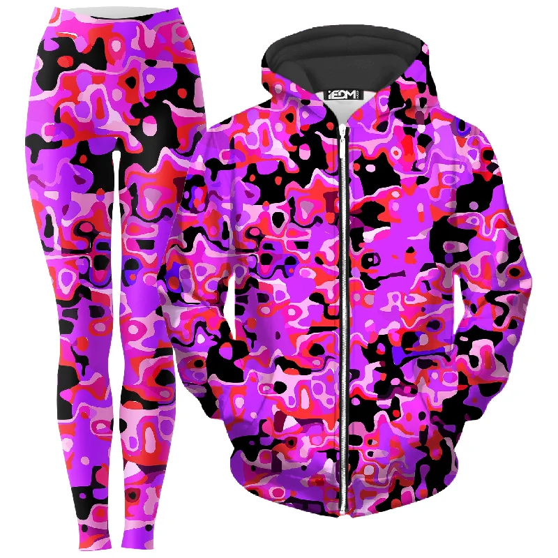 Purple Red and Black Rave Camo Melt Zip-Up Hoodie and Leggings Combo Comfortable Wide-Band Leggings