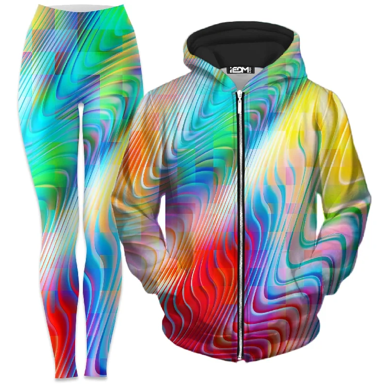 Rainbow Prism Zip-Up Hoodie and Leggings Combo Fashionable Solid Color Tights