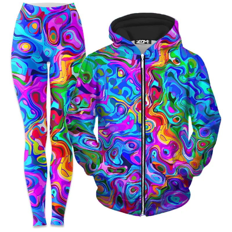 Rainbow Waves Zip-Up Hoodie and Leggings Combo Stylish Stretch Pants Leggings