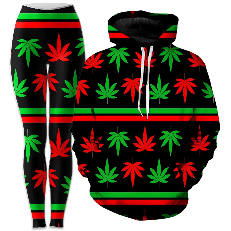 Red And Green Festive Bud Hoodie and Leggings Combo Fashionable Plus-Size Activewear