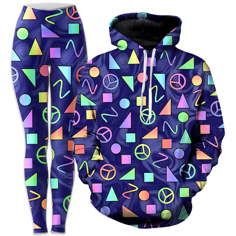 Retro Shapes Peace Symbols Blue Hoodie and Leggings Combo Chic Smooth Fit Leggings