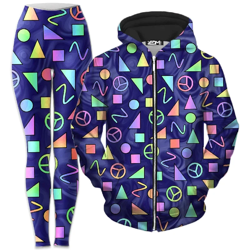 Retro Shapes Peace Symbols Blue Zip-Up Hoodie and Leggings Combo Cozy Mid-Rise Workout Leggings Retro Shapes Peace Symbols Blue Zip-Up Hoodie and Leggings Combo Cozy Mid-Rise Workout Leggings