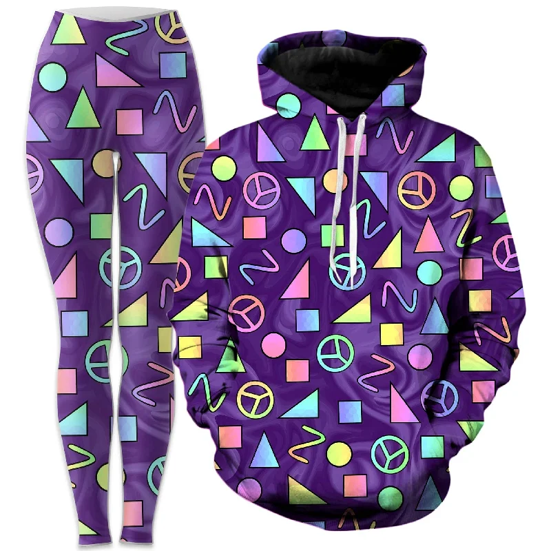 Retro Shapes Peace Symbols Purple Hoodie and Leggings Combo Stylish Sweat-Proof Leggings