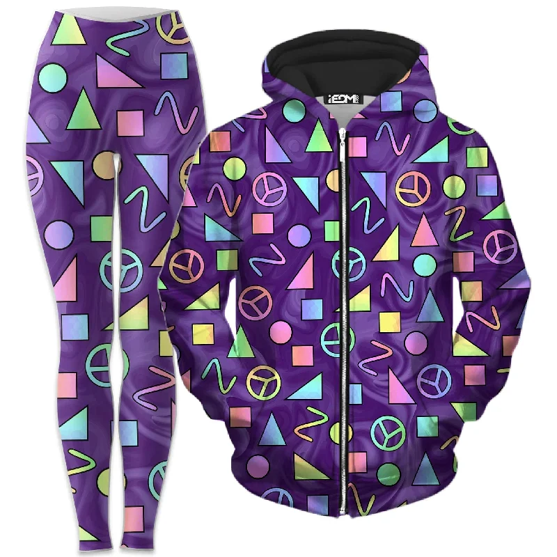 Retro Shapes Peace Symbols Purple Zip-Up Hoodie and Leggings Combo Fashionable Moisture-Wicking Leggings Retro Shapes Peace Symbols Purple Zip-Up Hoodie and Leggings Combo Fashionable Moisture-Wicking Leggings