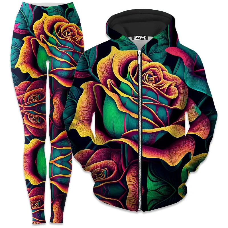 Rosebud Zip-Up Hoodie and Leggings Combo Fashionable High-Rise Workout Leggings