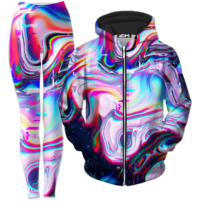 Simulation Break Zip-Up Hoodie and Leggings Combo Trendy High-Waist Tummy Control Leggings