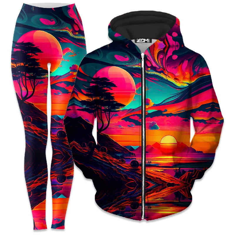 Sunset Melt Zip-Up Hoodie and Leggings Combo Comfortable Printed Workout Leggings