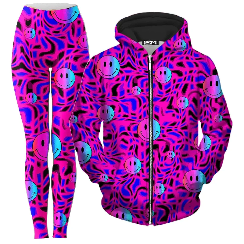 Trippy Smiles Zip-Up Hoodie and Leggings Combo Fashionable Lacy Detail Leggings