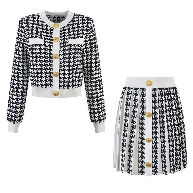 Women Mini Skirt Sexy 2 Pieces Set Houndstooth Pattern Early Fall Skinny Knit Casual Tennis Suits denim skirt casual