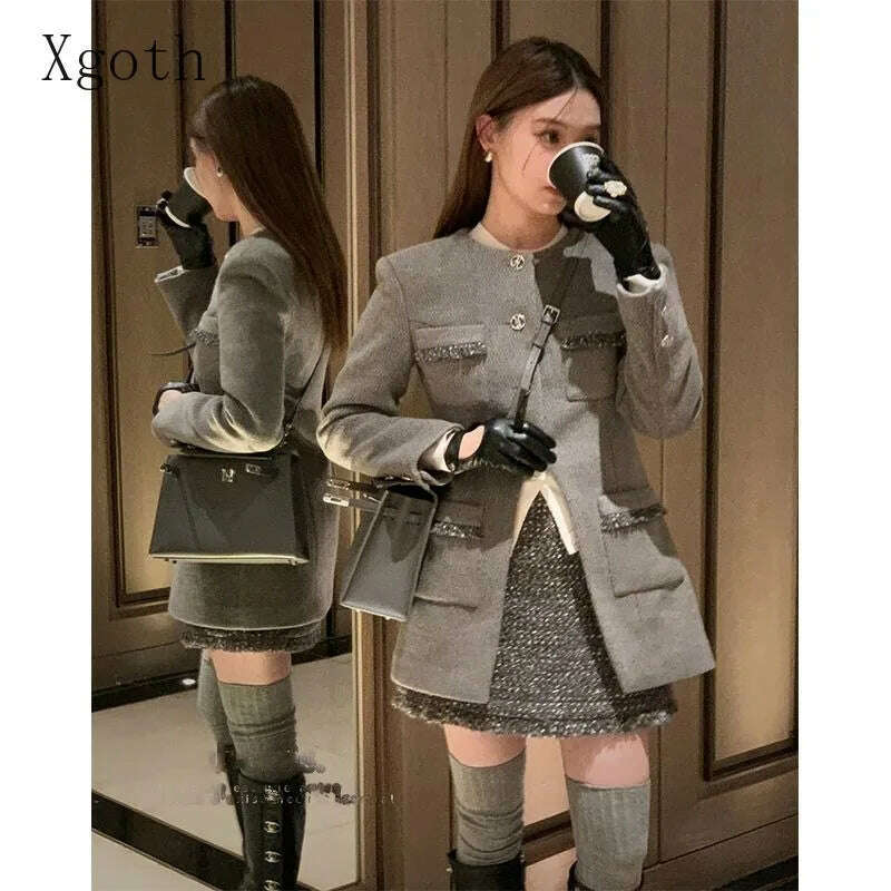 Women Sets O-Neck Waist Retraction Hem Split Coat+Bright Silk A-Line Tasslals Edge Short Skirt Exquisite Two Piece Lady Clothing wool skirt sturdy