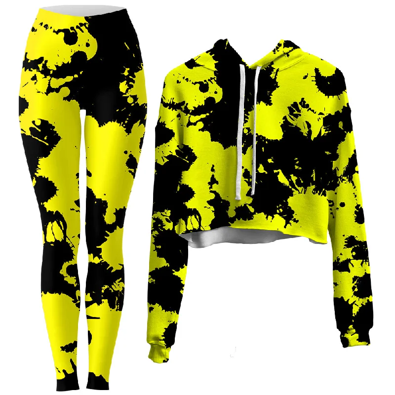 Yellow and Black Paint Splatter Crop Hoodie and Leggings Combo Comfortable Cold Weather Leggings Yellow and Black Paint Splatter Crop Hoodie and Leggings Combo Comfortable Cold Weather Leggings