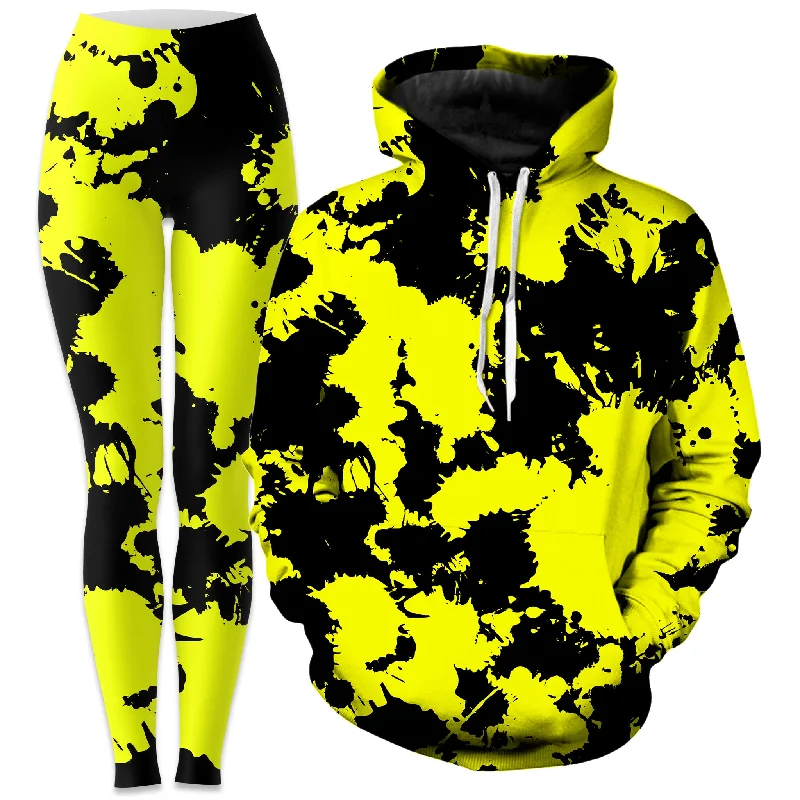Yellow and Black Paint Splatter Hoodie and Leggings Combo Trendy Flared Leggings