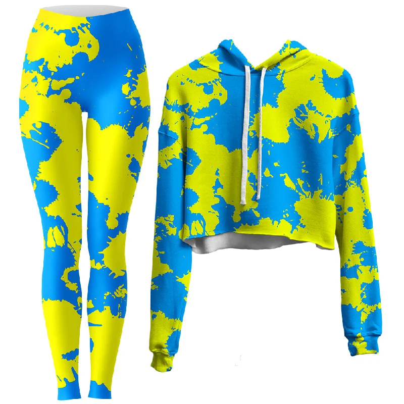 Yellow and Blue Paint Splatter Crop Hoodie and Leggings Combo Cozy Lounge Pants Leggings Yellow and Blue Paint Splatter Crop Hoodie and Leggings Combo Cozy Lounge Pants Leggings