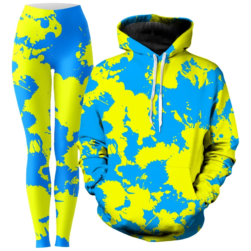 Yellow and Blue Paint Splatter Hoodie and Leggings Combo Comfortable Ribbed Sports Leggings Yellow and Blue Paint Splatter Hoodie and Leggings Combo Comfortable Ribbed Sports Leggings