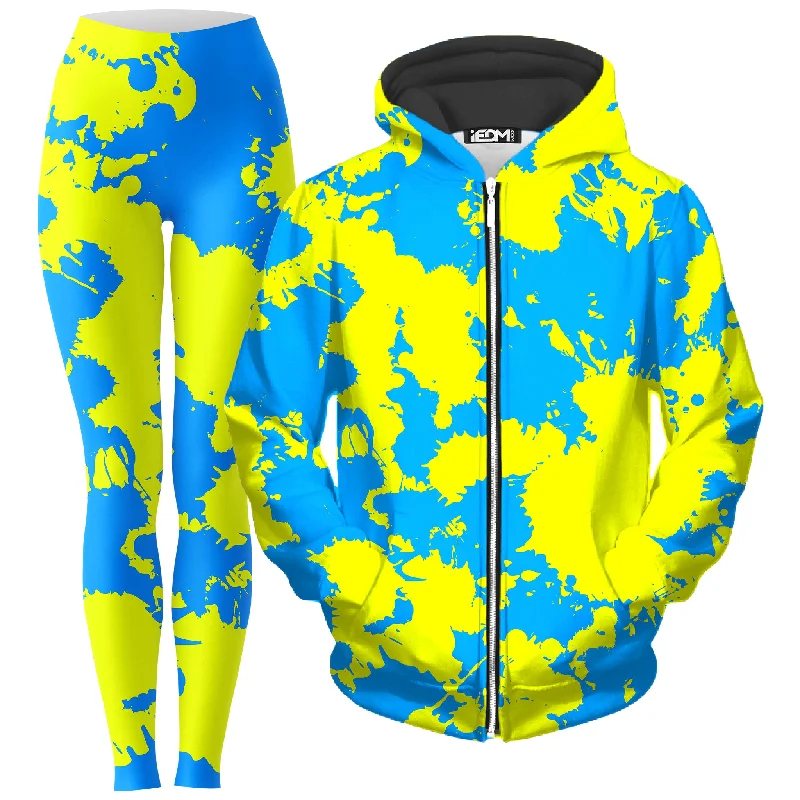 Yellow and Blue Paint Splatter Zip-Up Hoodie and Leggings Combo Trendy Full-Length Leggings